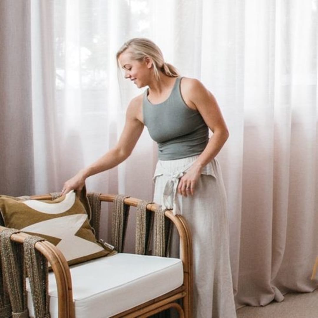 Quote from Kyal & Kara, "Our lush double curtains create a soft and luxe vibe in the master bedroom, a real parents retreat."